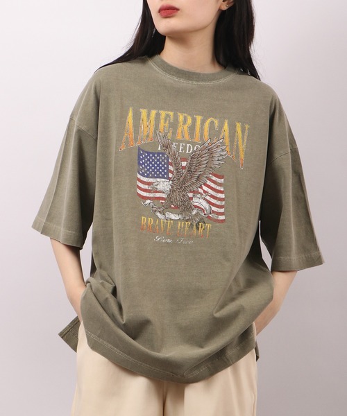 spiritoso（スピリトーゾ）の「spiritoso ピグメントAMERICANプリント イーグル 半袖Tシャツ（Tシャツ/カットソー・レディース・ベビーピンク/ホワイト系/カーキ/グレイッシュベージュ・F）」の7枚目の写真