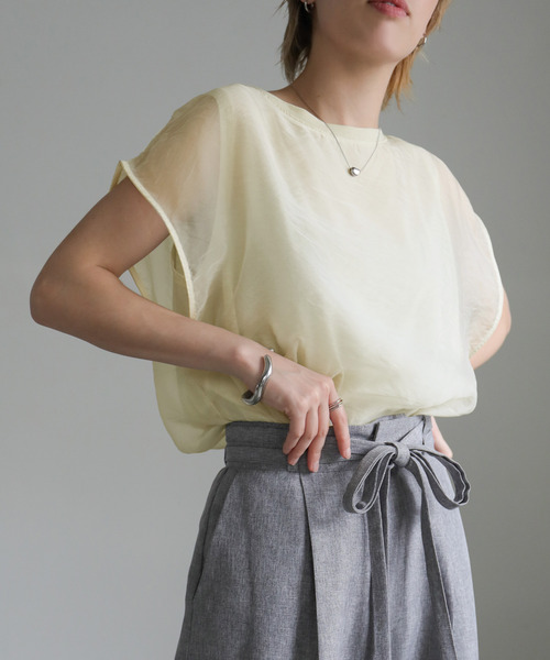 select MOCA（セレクトモカ）の「シアードッキングフレンチスリーブトップス（Tシャツ/カットソー・レディース・グリーン/グレイッシュベージュ/カーキ/オレンジ/アイボリー・FREE）」の2枚目の写真