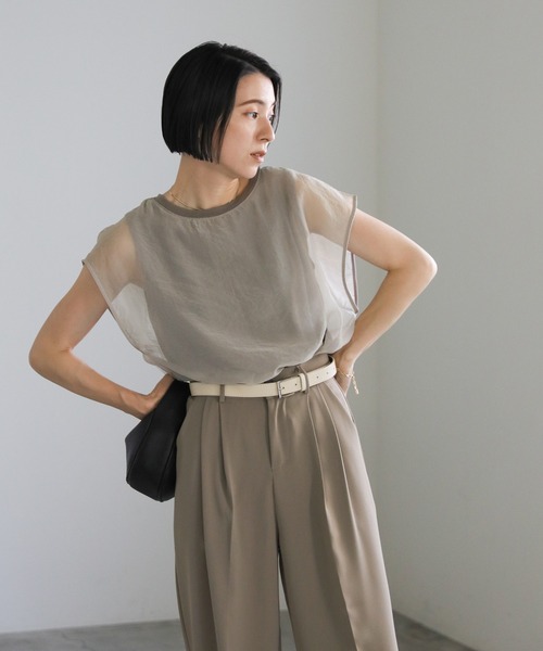 select MOCA（セレクトモカ）の「シアードッキングフレンチスリーブトップス（Tシャツ/カットソー・レディース・グリーン/グレイッシュベージュ/カーキ/オレンジ/アイボリー・FREE）」の13枚目の写真