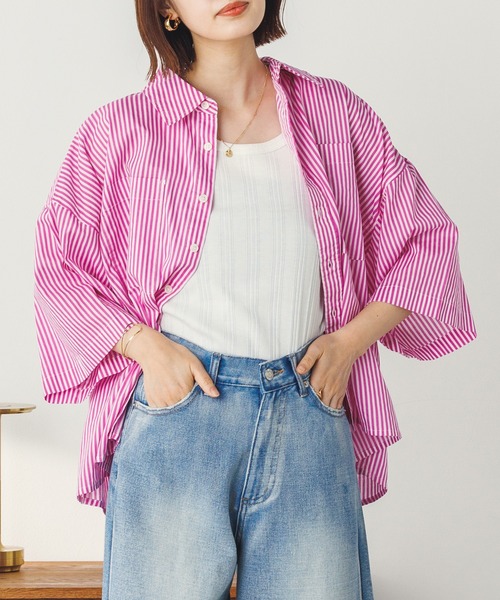 lil nina（リルニーナ）の「キャンブリックボイル ストライプ オーバー半袖シャツ（シャツ/ブラウス・レディース・ブラウン/パープル/ブルー・FREE）」の13枚目の写真