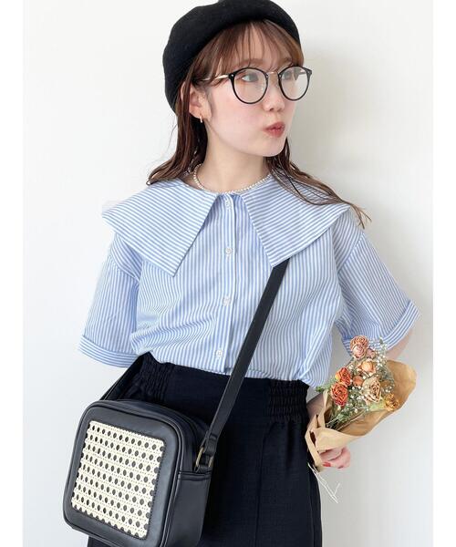 ehka sopo（エヘカソポ）の「ストライプショート丈ビッグ襟ブラウス（シャツ/ブラウス・レディース・オレンジ/ネイビー/ミント/サックスブルー・F）」の3枚目の写真