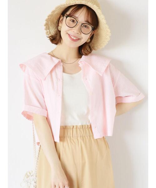 ehka sopo（エヘカソポ）の「ストライプショート丈ビッグ襟ブラウス（シャツ/ブラウス・レディース・オレンジ/ネイビー/ミント/サックスブルー・F）」の4枚目の写真