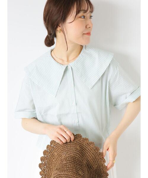 ehka sopo（エヘカソポ）の「ストライプショート丈ビッグ襟ブラウス（シャツ/ブラウス・レディース・オレンジ/ネイビー/ミント/サックスブルー・F）」の12枚目の写真