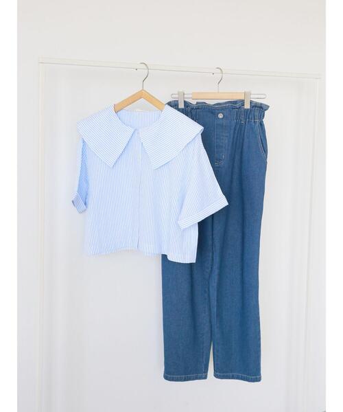 ehka sopo（エヘカソポ）の「ストライプショート丈ビッグ襟ブラウス（シャツ/ブラウス・レディース・オレンジ/ネイビー/ミント/サックスブルー・F）」の13枚目の写真