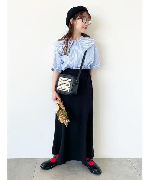 ehka sopo（エヘカソポ）の「ストライプショート丈ビッグ襟ブラウス（シャツ/ブラウス・レディース・オレンジ/ネイビー/ミント/サックスブルー・F）」の14枚目の写真