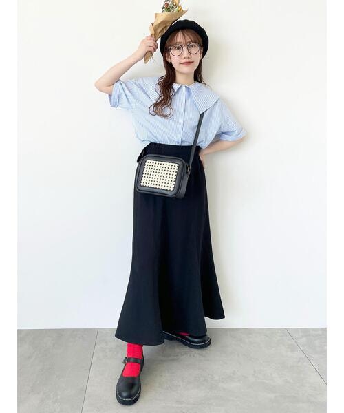 ehka sopo（エヘカソポ）の「ストライプショート丈ビッグ襟ブラウス（シャツ/ブラウス・レディース・オレンジ/ネイビー/ミント/サックスブルー・F）」の16枚目の写真