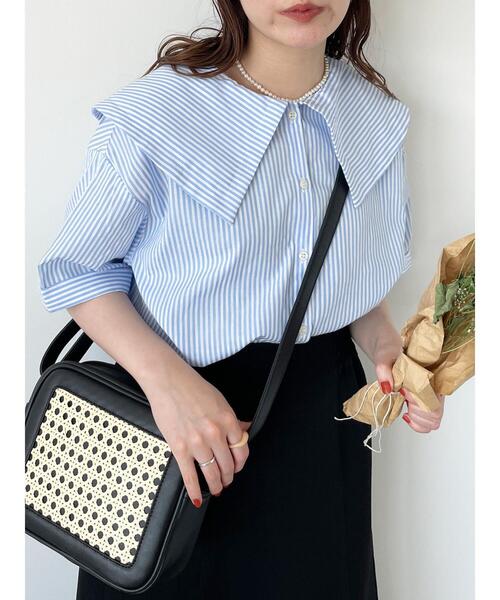 ehka sopo（エヘカソポ）の「ストライプショート丈ビッグ襟ブラウス（シャツ/ブラウス・レディース・オレンジ/ネイビー/ミント/サックスブルー・F）」の20枚目の写真