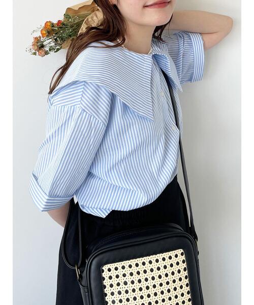 ehka sopo（エヘカソポ）の「ストライプショート丈ビッグ襟ブラウス（シャツ/ブラウス・レディース・オレンジ/ネイビー/ミント/サックスブルー・F）」の22枚目の写真