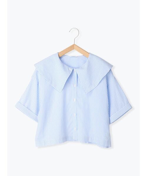 ehka sopo（エヘカソポ）の「ストライプショート丈ビッグ襟ブラウス（シャツ/ブラウス・レディース・オレンジ/ネイビー/ミント/サックスブルー・F）」の5枚目の写真
