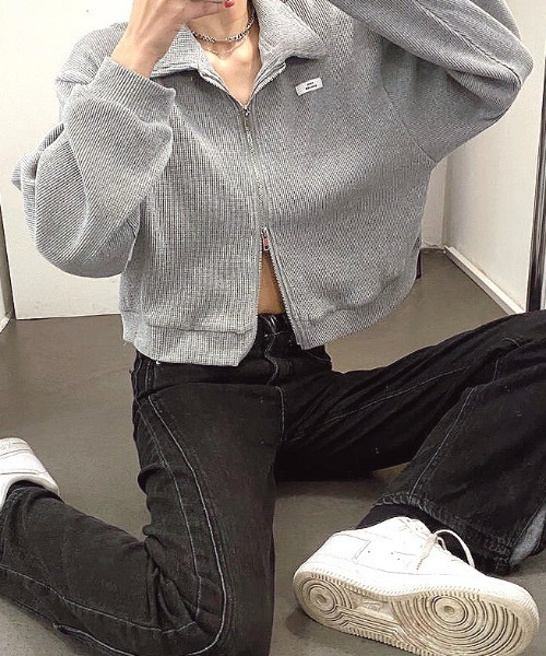 ON Climate Stretch ジッパー トップス ワッフル柄 AZUL BY MOUSSY（アズールバイマウジー） tシャツ 袖刺繍ワッフル