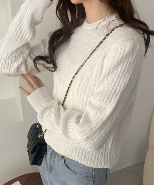 Ada.(エイダ)の「綿100% 総ケーブルクルーネックニット(ニット/セーター・レディース・ブラック/オフホワイト/ブルー/ライトグリーン/オレンジ/ラベンダー・FREE)」の9枚目の写真
