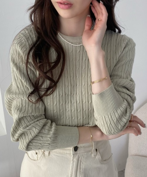 Ada.(エイダ)の「綿100% 総ケーブルクルーネックニット(ニット/セーター・レディース・ブラック/オフホワイト/ブルー/ライトグリーン/オレンジ/ラベンダー・FREE)」の16枚目の写真