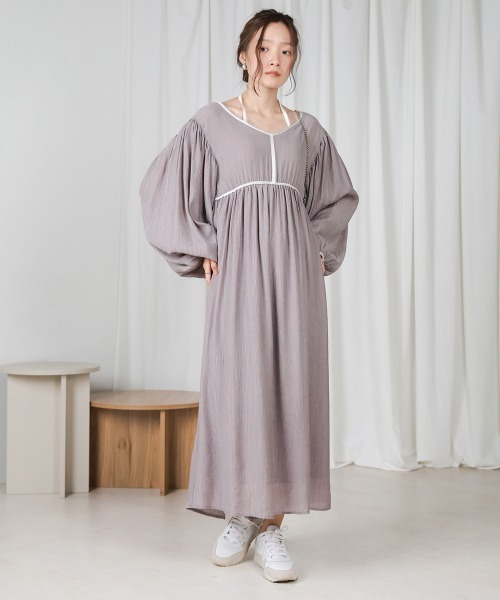 キルティング ワンピース ボリューム袖 ハイウエスト B2587 half gather volume camionepiece | AÉRMA boutique