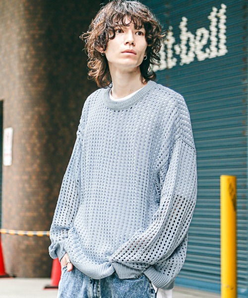 LUXSTYLE（ラグスタイル）の「7Gメッシュ編みクルーネックニット（ニット/セーター・メンズ・ベージュ/ブラック/ブルー/マスタード/グレー/パープル/チャコールグレー・M/L）」の10枚目の写真