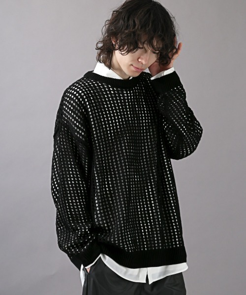 LUXSTYLE（ラグスタイル）の「7Gメッシュ編みクルーネックニット（ニット/セーター・メンズ・ベージュ/ブラック/ブルー/マスタード/グレー/パープル/チャコールグレー・M/L）」の12枚目の写真