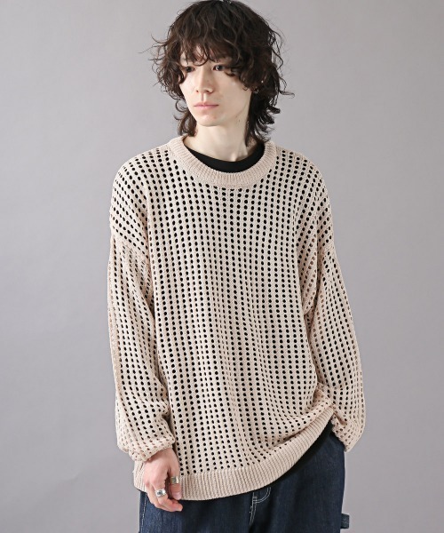 LUXSTYLE（ラグスタイル）の「7Gメッシュ編みクルーネックニット（ニット/セーター・メンズ・ベージュ/ブラック/ブルー/マスタード/グレー/パープル/チャコールグレー・M/L）」の14枚目の写真
