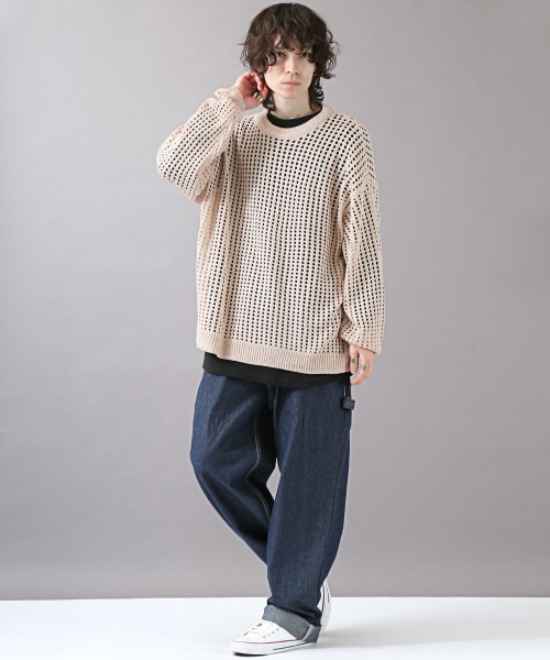 LUXSTYLE（ラグスタイル）の「7Gメッシュ編みクルーネックニット（ニット/セーター・メンズ・ベージュ/ブラック/ブルー/マスタード/グレー/パープル/チャコールグレー・M/L）」の15枚目の写真