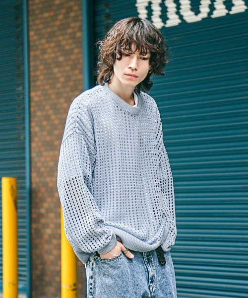 LUXSTYLE（ラグスタイル）の「7Gメッシュ編みクルーネックニット（ニット/セーター・メンズ・ベージュ/ブラック/ブルー/マスタード/グレー/パープル/チャコールグレー・M/L）」の19枚目の写真