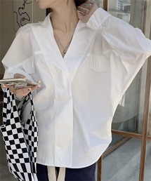 ノーカラーVネックオーバーシャツ