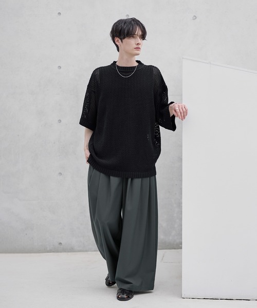 アンスナム ansnam メランジニット サイズ04 セール】透かし編みメランジドルマンメッシュ5分袖サマーニット