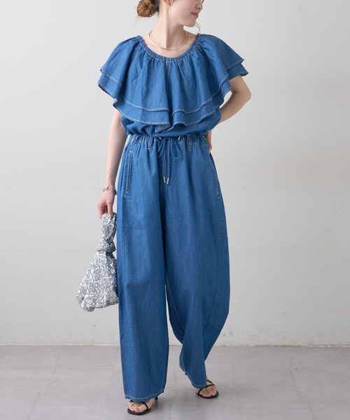 CIAOPANIC TYPY（チャオパニックティピー）の「綿麻デニムドロストイージーワイドパンツ（デニムパンツ・レディース・ブルー/ネイビー・ONE SIZE）」の9枚目の写真