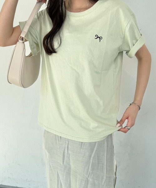 nemne store（ネンネストア）の「《Delfy》リボンＴシャツ（Tシャツ/カットソー・レディース・ブラック/オフホワイト/ライトイエロー/ピンク/グリーン・フリー）」の4枚目の写真