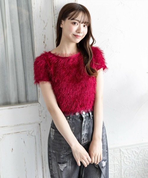 clear（クリア）の「フリンジ半袖ショートトップス［大人 カジュアル］≪再入荷≫（Tシャツ/カットソー・レディース・アイボリー/チャコールグレー/グレー/レッド・F）」の7枚目の写真