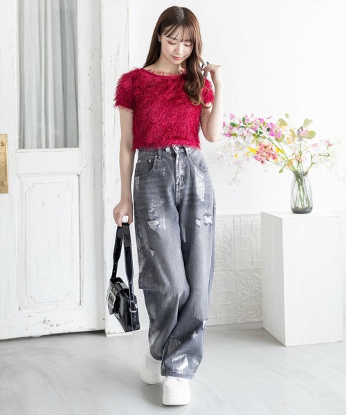 clear（クリア）の「フリンジ半袖ショートトップス［大人 カジュアル］≪再入荷≫（Tシャツ/カットソー・レディース・アイボリー/チャコールグレー/グレー/レッド・F）」の8枚目の写真