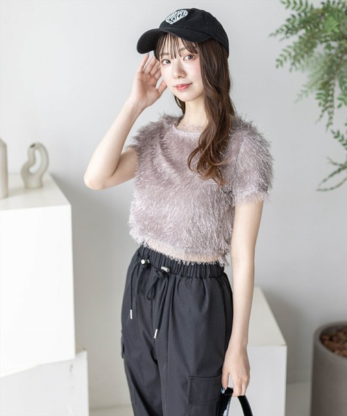 clear（クリア）の「フリンジ半袖ショートトップス［大人 カジュアル］≪再入荷≫（Tシャツ/カットソー・レディース・アイボリー/チャコールグレー/グレー/レッド・F）」の12枚目の写真