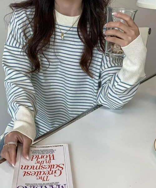 SEU（エスイーユー）の「ボーダービッグスウェットトップス（Tシャツ/カットソー・レディース・ホワイト/パープル/ブラック/ピンク/グリーン/ブルー・フリー）」の17枚目の写真