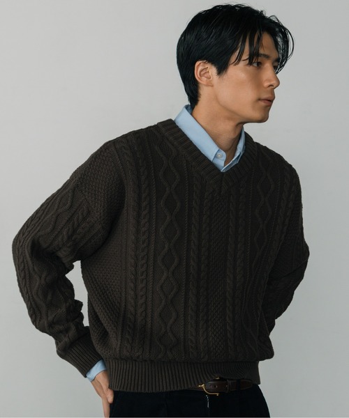 LURAKU】V-neck Short Length Cable Knit / Vネック短丈ケーブル