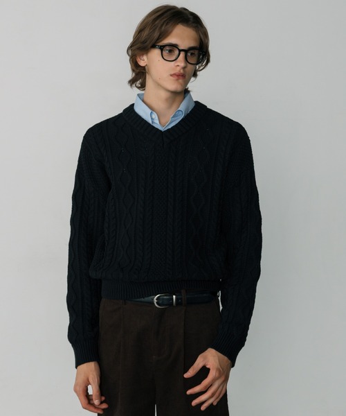 LURAKU】V-neck Short Length Cable Knit / Vネック短丈ケーブル