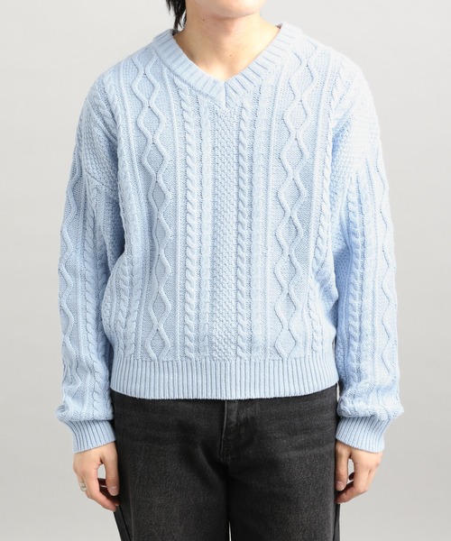 LURAKU】V-neck Short Length Cable Knit / Vネック短丈ケーブルニット