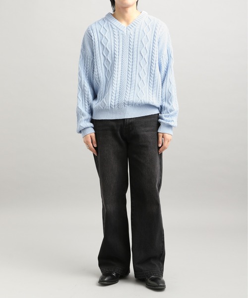 LURAKU】V-neck Short Length Cable Knit / Vネック短丈ケーブルニット 