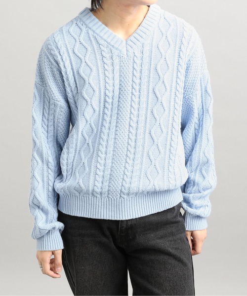 LURAKU】V-neck Short Length Cable Knit / Vネック短丈ケーブルニット