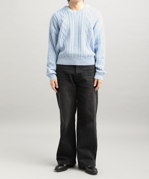 LURAKU】V-neck Short Length Cable Knit / Vネック短丈ケーブルニット