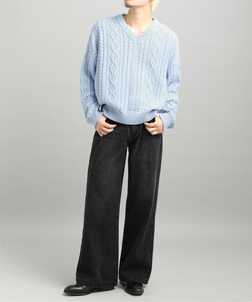 LURAKU】V-neck Short Length Cable Knit / Vネック短丈ケーブルニット