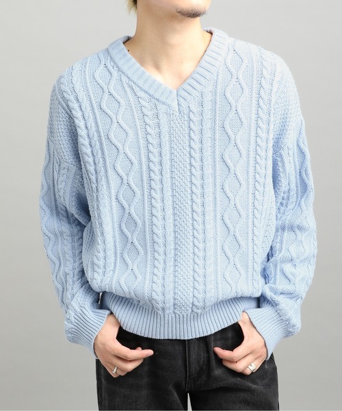LURAKU】V-neck Short Length Cable Knit / Vネック短丈ケーブルニット