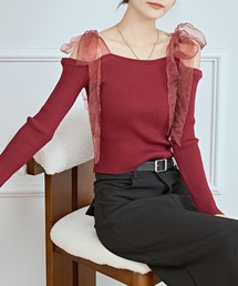 シフォン リボン オフショルダー リブ ニット トップス