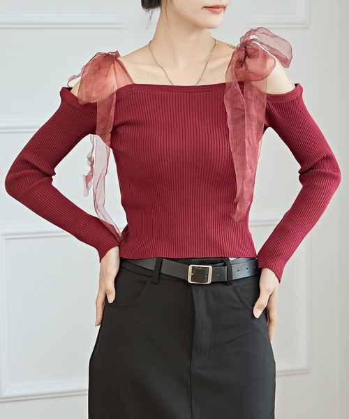 Lace Ladies(レースレディース)の「シフォン リボン オフショルダー リブ ニット トップス(Tシャツ/カットソー・レディース・ワインレッド/ブラック/グレー・FREE)」の10枚目の写真