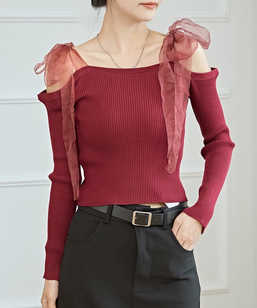 Lace Ladies(レースレディース)の「シフォン リボン オフショルダー リブ ニット トップス(Tシャツ/カットソー・レディース・ワインレッド/ブラック/グレー・FREE)」の13枚目の写真