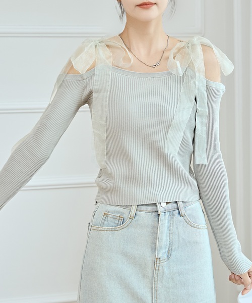 Lace Ladies(レースレディース)の「シフォン リボン オフショルダー リブ ニット トップス(Tシャツ/カットソー・レディース・ワインレッド/ブラック/グレー・FREE)」の15枚目の写真