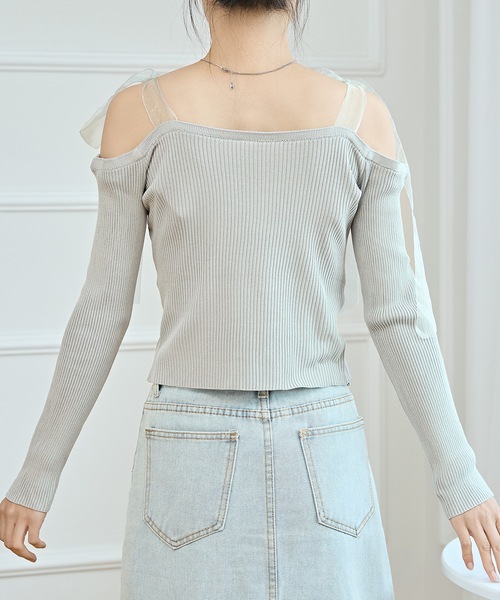 Lace Ladies(レースレディース)の「シフォン リボン オフショルダー リブ ニット トップス(Tシャツ/カットソー・レディース・ワインレッド/ブラック/グレー・FREE)」の17枚目の写真