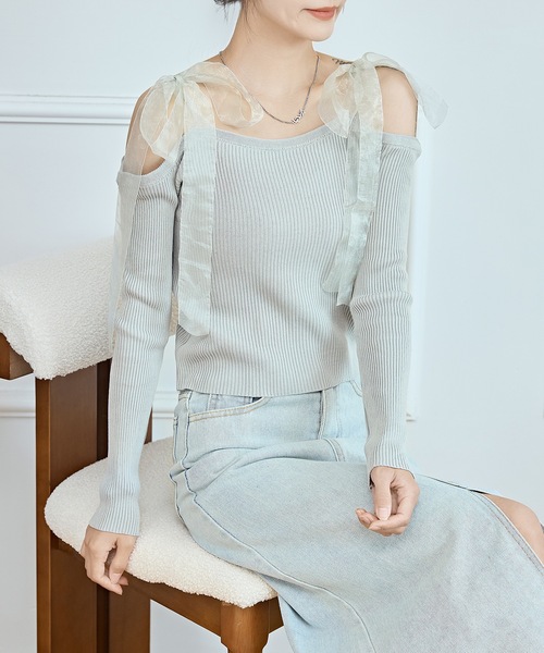 Lace Ladies(レースレディース)の「シフォン リボン オフショルダー リブ ニット トップス(Tシャツ/カットソー・レディース・ワインレッド/ブラック/グレー・FREE)」の18枚目の写真