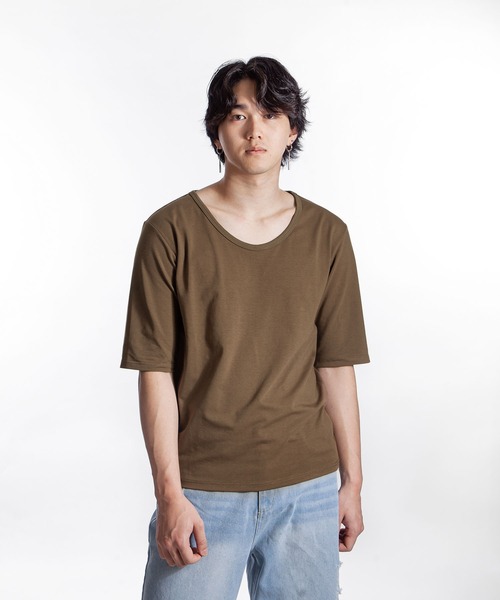 ZIP FIVE -White Line-（ジップファイブホワイトライン）の「【White Line】 スクープネック 5分カットソー（Tシャツ/カットソー・メンズ・ブラック/オフホワイト/ブラウン/モカ/チャコール・MEDIUM/LARGE）」の5枚目の写真