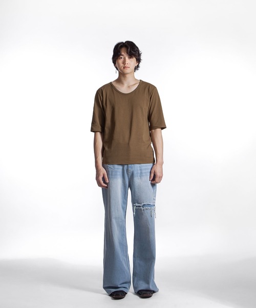 ZIP FIVE -White Line-（ジップファイブホワイトライン）の「【White Line】 スクープネック 5分カットソー（Tシャツ/カットソー・メンズ・ブラック/オフホワイト/ブラウン/モカ/チャコール・MEDIUM/LARGE）」の18枚目の写真