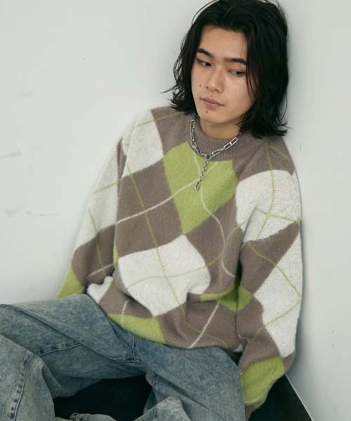 セール】Mohair like jacquard argyle knit sweater / モヘアライク
