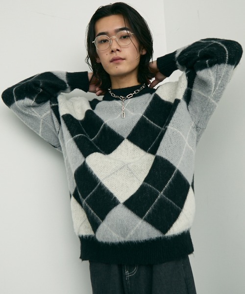 セール】Mohair like jacquard argyle knit sweater / モヘアライク