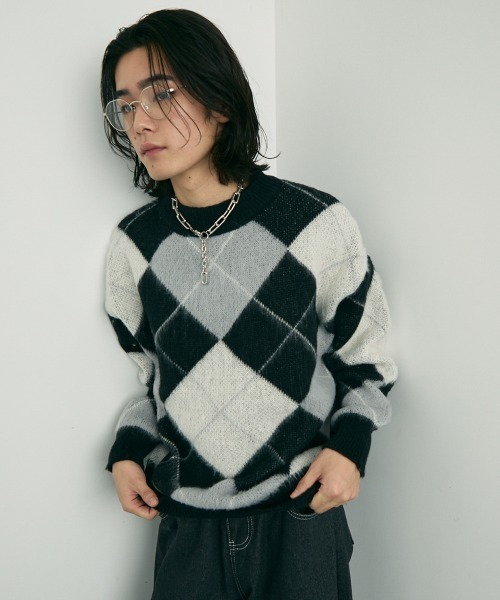 Shoowtime(ショウタイム)の「Mohair like jacquard argyle knit sweater / モヘアライクジャガードアーガイルニットセーター(ニット/セーター・メンズ・ブラック/ライトグリーン・LARGE/X-LARGE/MEDIUM)」の4枚目の写真