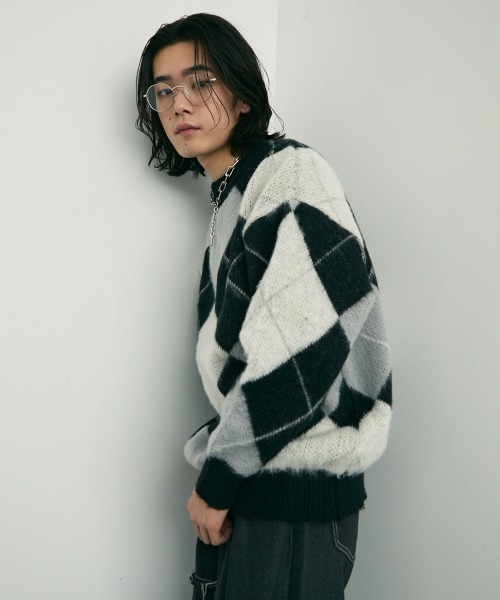 Shoowtime(ショウタイム)の「Mohair like jacquard argyle knit sweater / モヘアライクジャガードアーガイルニットセーター(ニット/セーター・メンズ・ブラック/ライトグリーン・LARGE/X-LARGE/MEDIUM)」の5枚目の写真